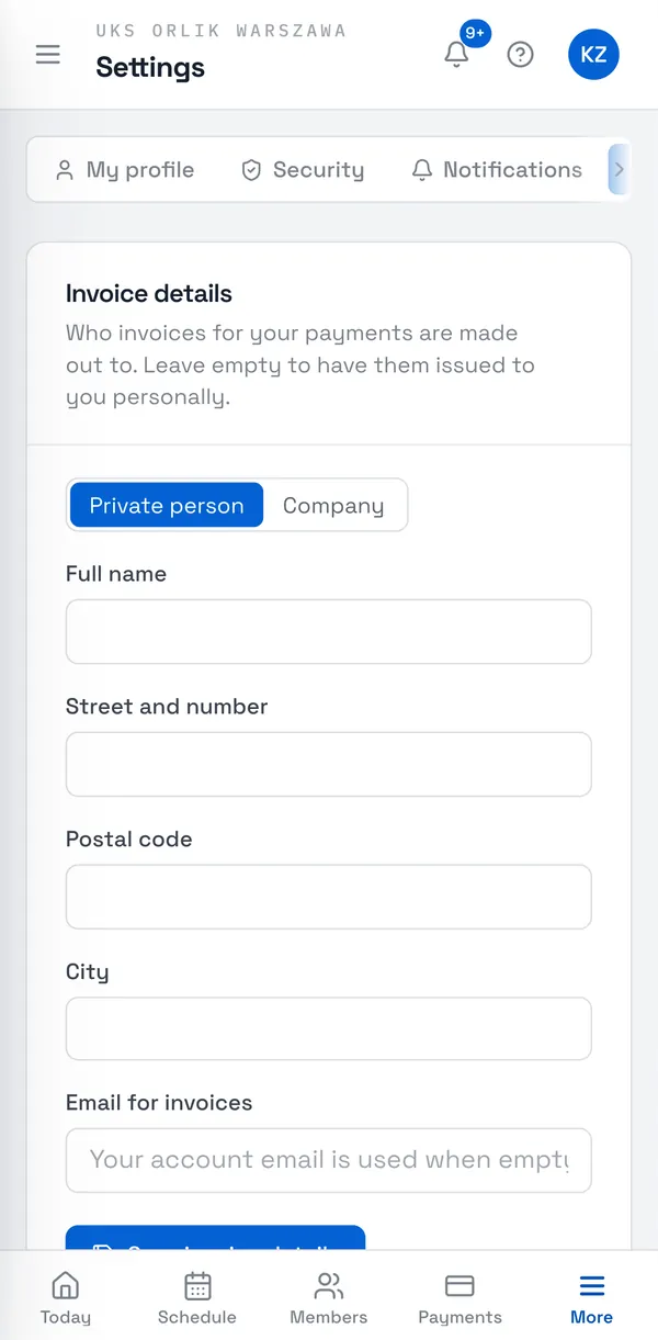 Sport Match screenshot: Invoice details.