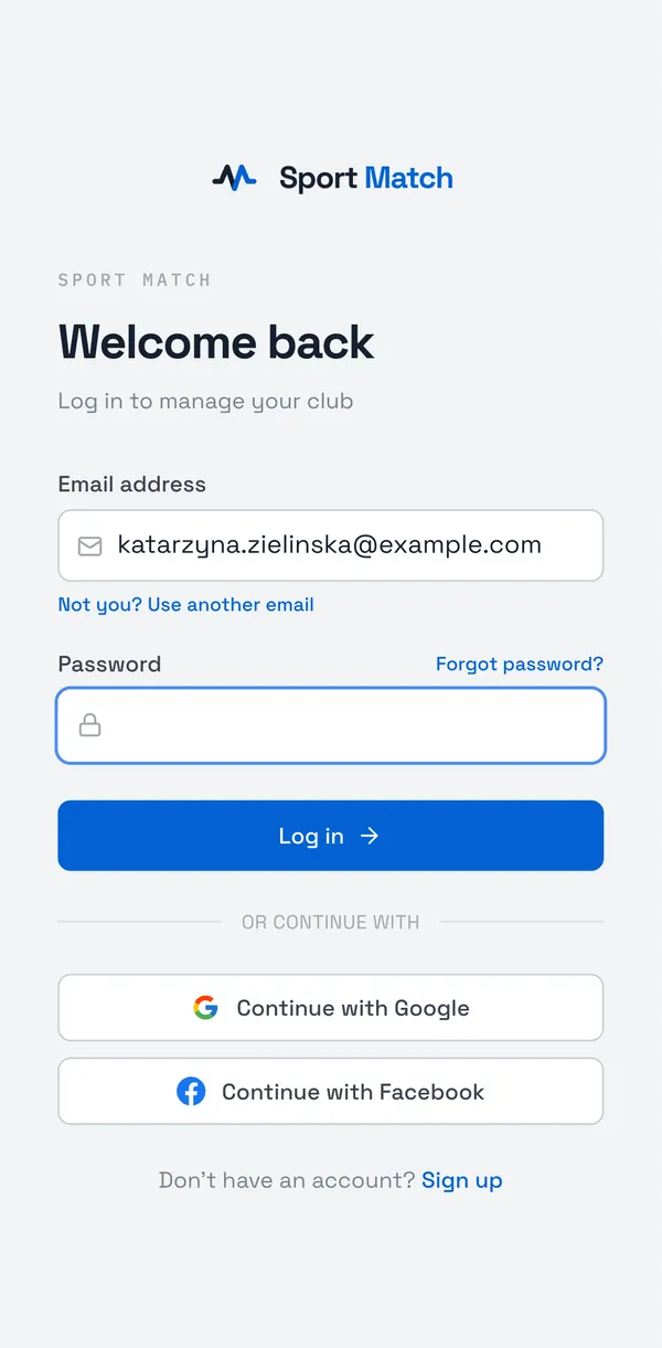 Sport Match screenshot: The remembered email and “Not you?” on the login page.