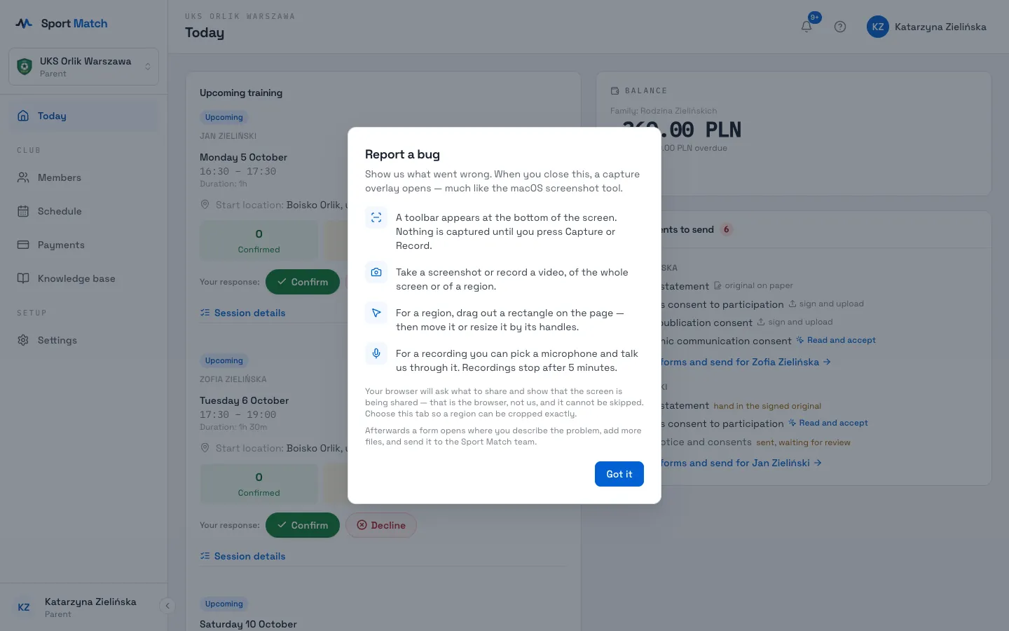 Sport Match screenshot: Click ? → Report a bug. The first time you’ll see a short explanation — choose Got it.