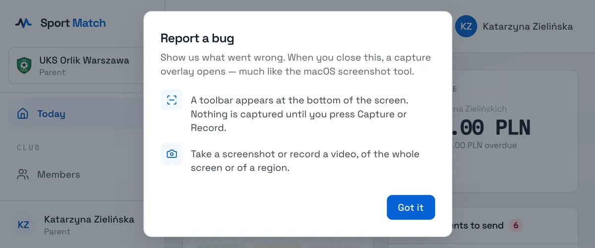 Sport Match screenshot: Click ? → Report a bug. The first time you’ll see a short explanation — choose Got it.