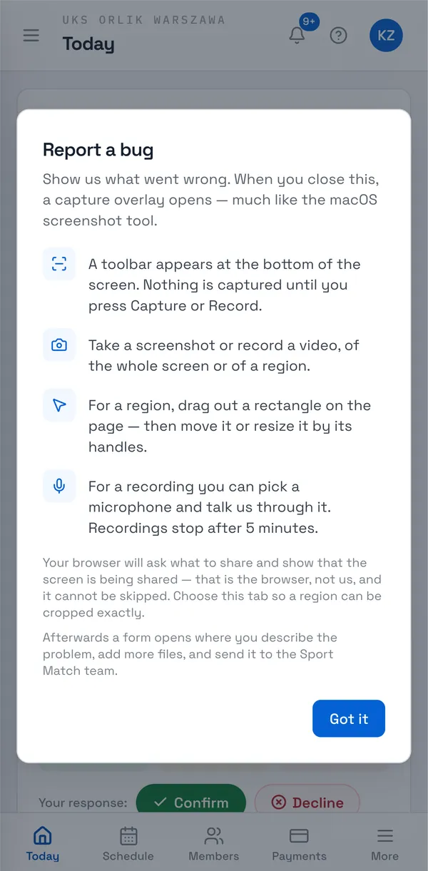 Sport Match screenshot: Click ? → Report a bug. The first time you’ll see a short explanation — choose Got it.