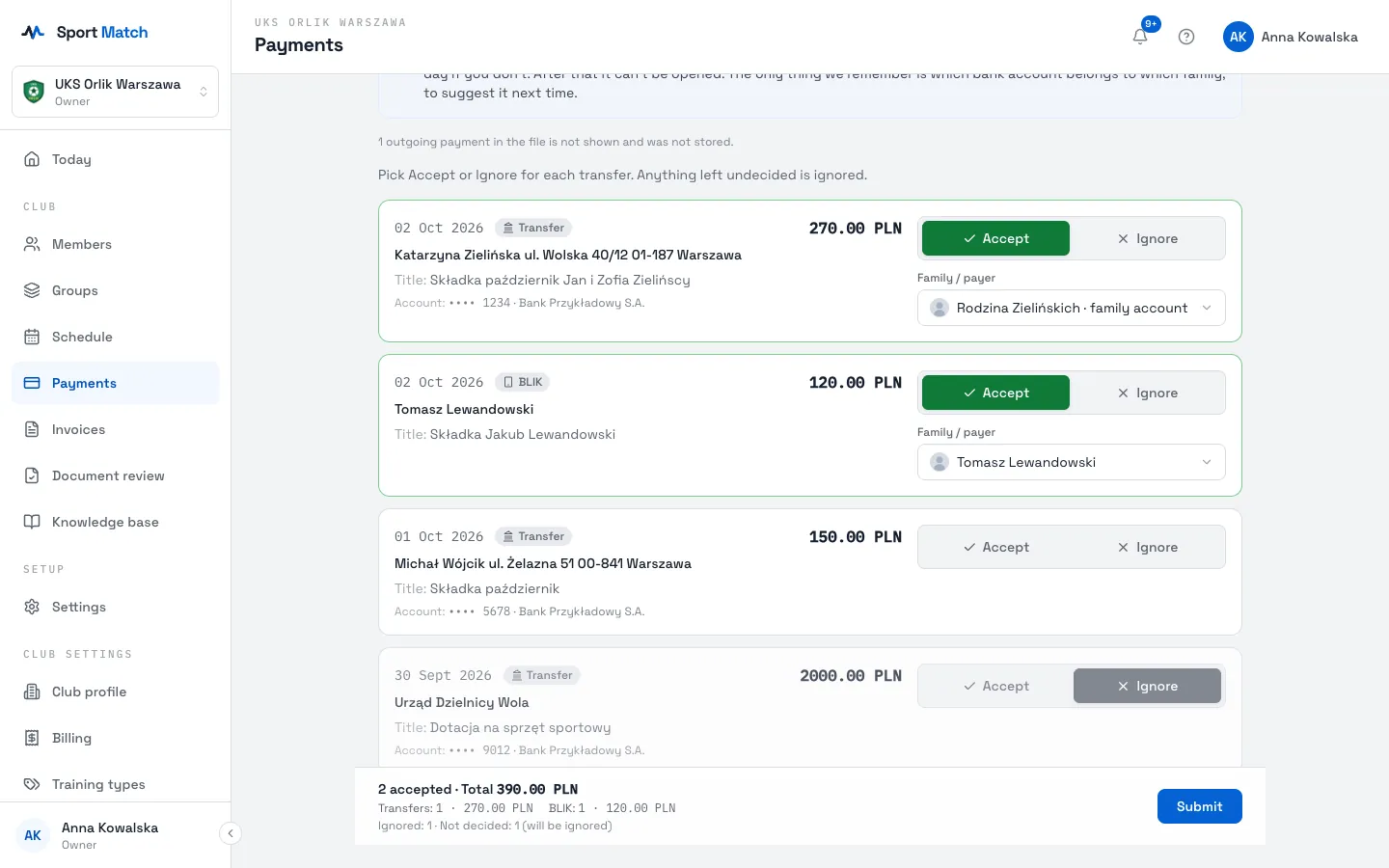 Sport Match screenshot: The app lists the money that came in: the sender, date, amount, title and kind — Transfer or BLIK. The club’s outgoing payments are left out. A payment that looks recorded already (the same amount around the same day) is flagged.