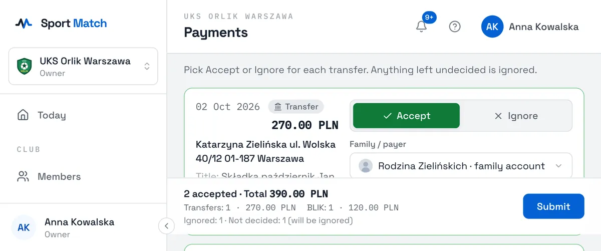 Sport Match screenshot: The app lists the money that came in: the sender, date, amount, title and kind — Transfer or BLIK. The club’s outgoing payments are left out. A payment that looks recorded already (the same amount around the same day) is flagged.