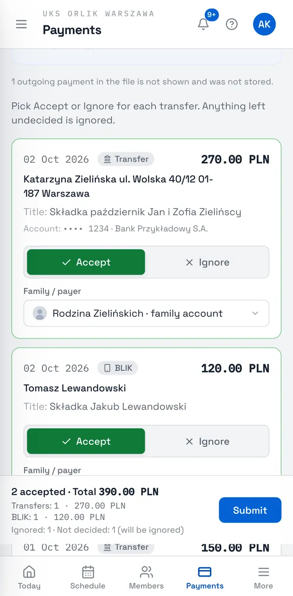Sport Match screenshot: The app lists the money that came in: the sender, date, amount, title and kind — Transfer or BLIK. The club’s outgoing payments are left out. A payment that looks recorded already (the same amount around the same day) is flagged.