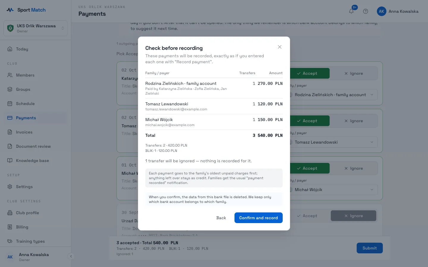 Sport Match screenshot: Choose Submit. You’ll see a summary for each family: how many payments, and how much, will be recorded. Check it and choose Confirm and record.