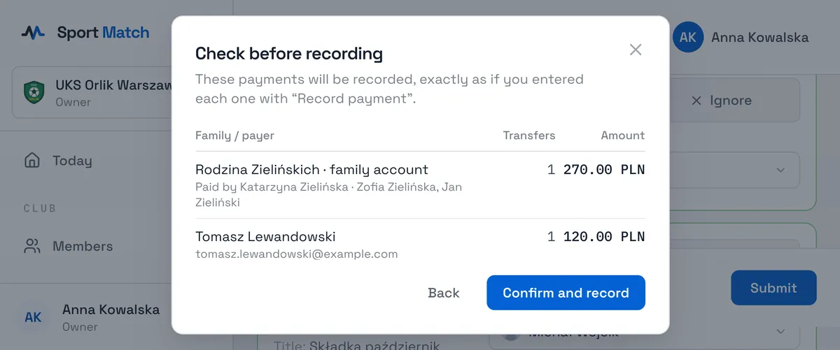 Sport Match screenshot: Choose Submit. You’ll see a summary for each family: how many payments, and how much, will be recorded. Check it and choose Confirm and record.