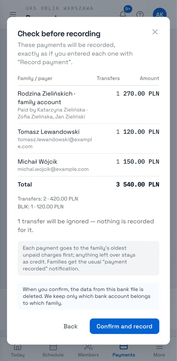 Sport Match screenshot: Choose Submit. You’ll see a summary for each family: how many payments, and how much, will be recorded. Check it and choose Confirm and record.