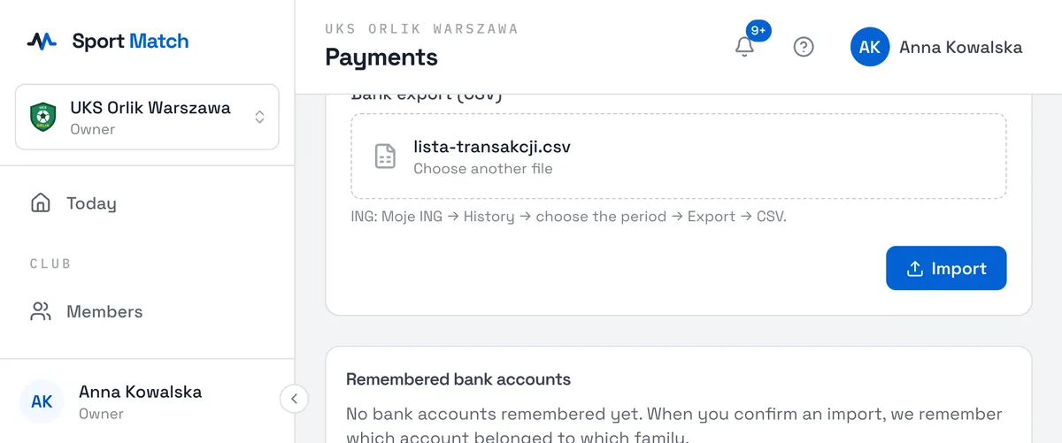 Sport Match screenshot: In Sport Match open Payments and choose Import bank statement. Pick the file you downloaded and choose Import.