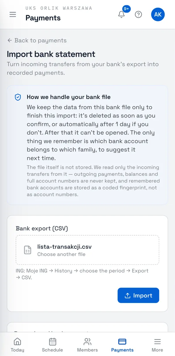Sport Match screenshot: In Sport Match open Payments and choose Import bank statement. Pick the file you downloaded and choose Import.
