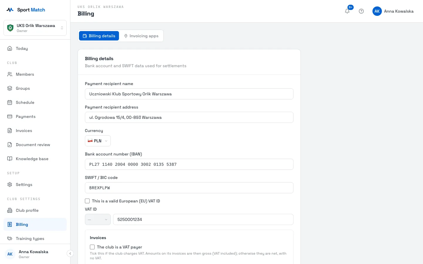 Sport Match screenshot: Choose the Currency, enter the Bank account number (IBAN) — the app groups the digits for you — and the SWIFT / BIC code.