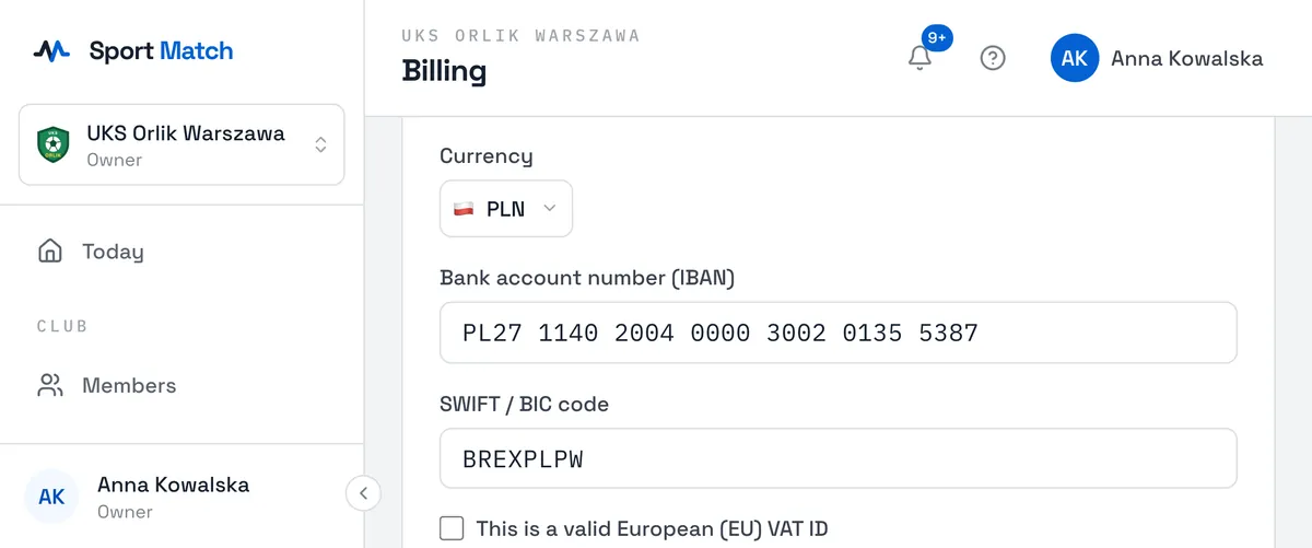 Sport Match screenshot: Choose the Currency, enter the Bank account number (IBAN) — the app groups the digits for you — and the SWIFT / BIC code.