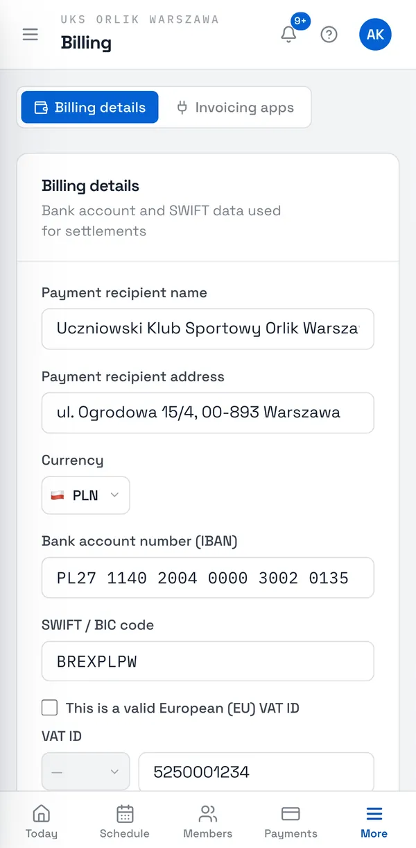 Sport Match screenshot: Choose the Currency, enter the Bank account number (IBAN) — the app groups the digits for you — and the SWIFT / BIC code.