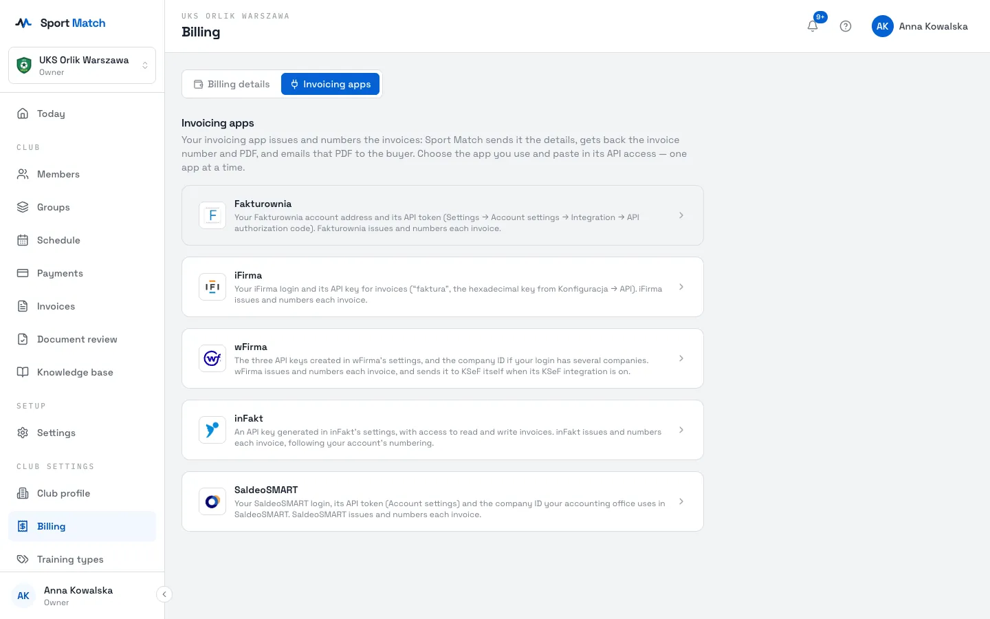 Sport Match screenshot: The “Invoicing apps” tab: Fakturownia, iFirma, wFirma, inFakt and SaldeoSMART.