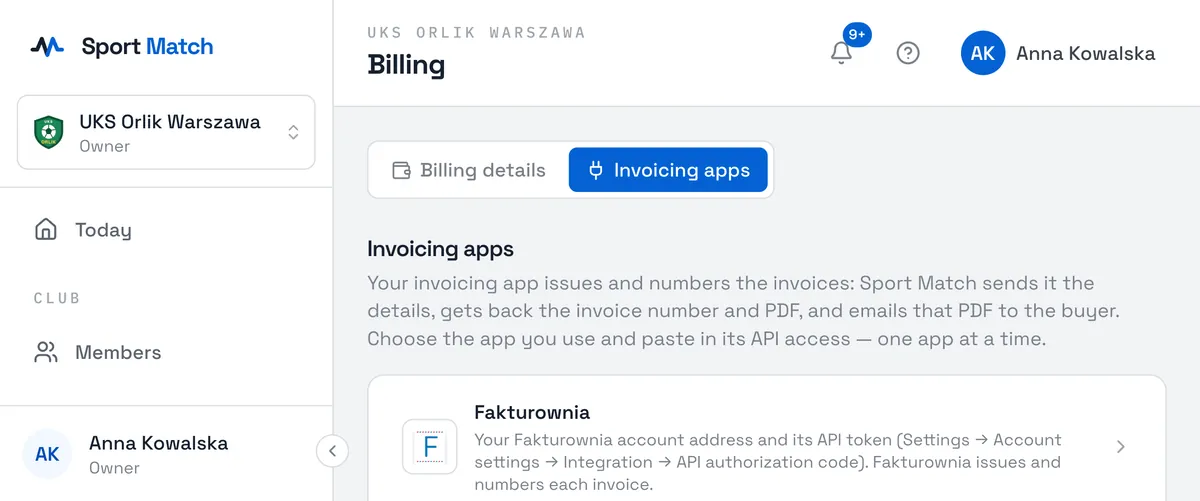 Sport Match screenshot: The “Invoicing apps” tab: Fakturownia, iFirma, wFirma, inFakt and SaldeoSMART.