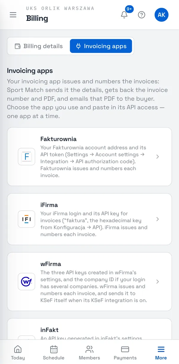 Sport Match screenshot: The “Invoicing apps” tab: Fakturownia, iFirma, wFirma, inFakt and SaldeoSMART.