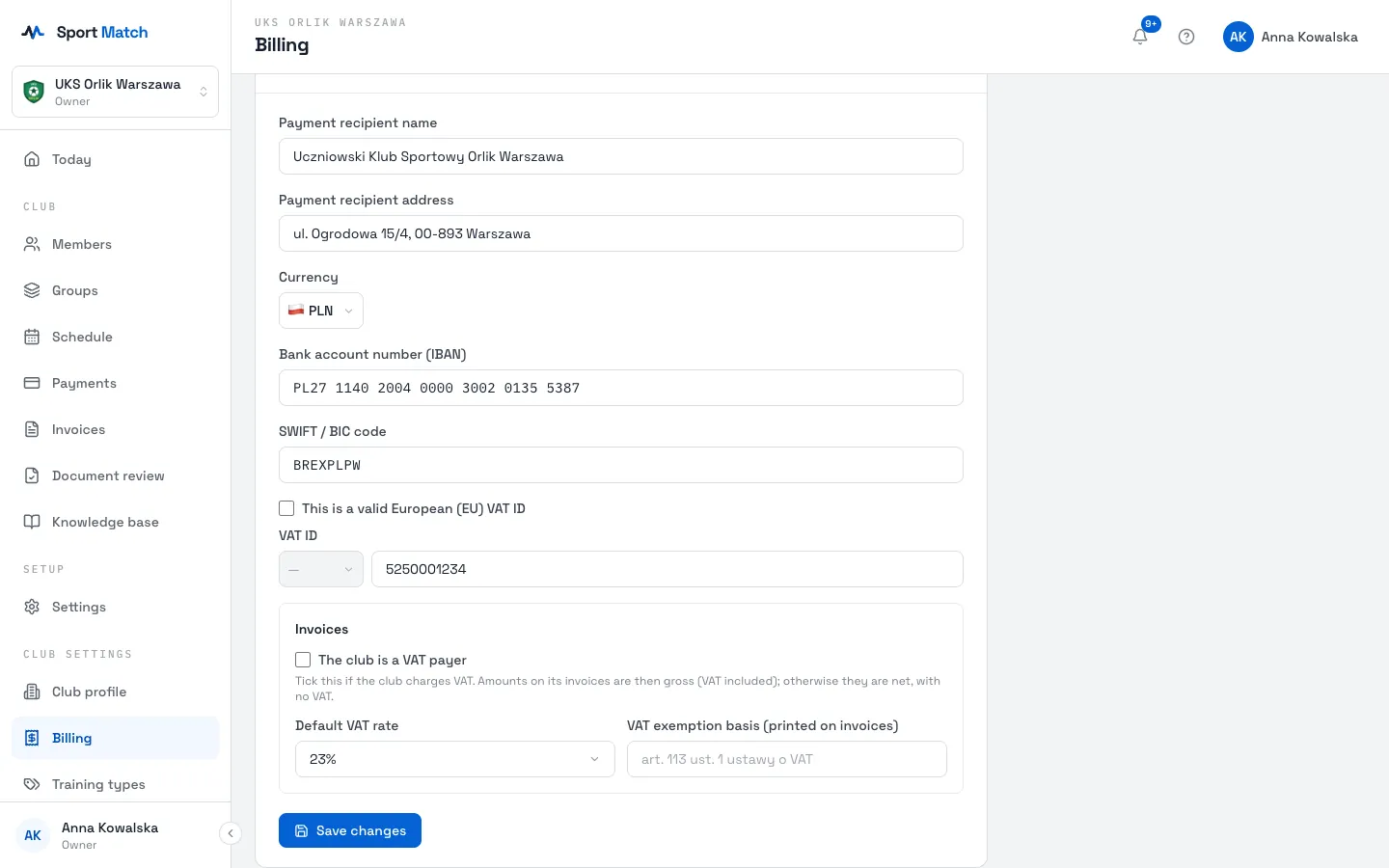 Sport Match screenshot: Enter the club’s VAT ID. If it is an EU VAT number, tick This is a valid European (EU) VAT ID and pick the Country prefix — the app checks it in the EU’s VIES system and shows VAT ID validated with VIES or VIES could not validate this VAT ID.