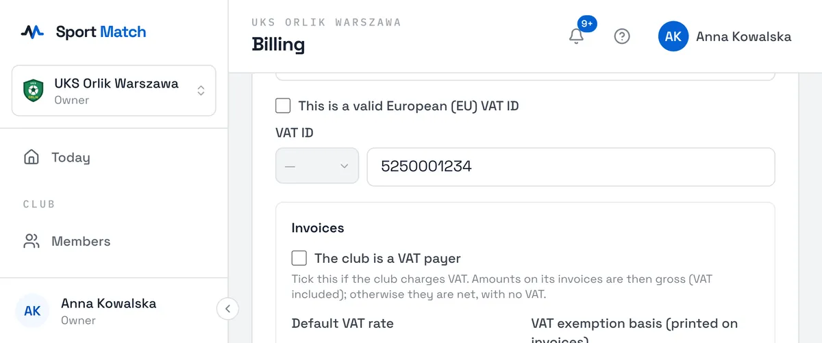 Sport Match screenshot: Enter the club’s VAT ID. If it is an EU VAT number, tick This is a valid European (EU) VAT ID and pick the Country prefix — the app checks it in the EU’s VIES system and shows VAT ID validated with VIES or VIES could not validate this VAT ID.
