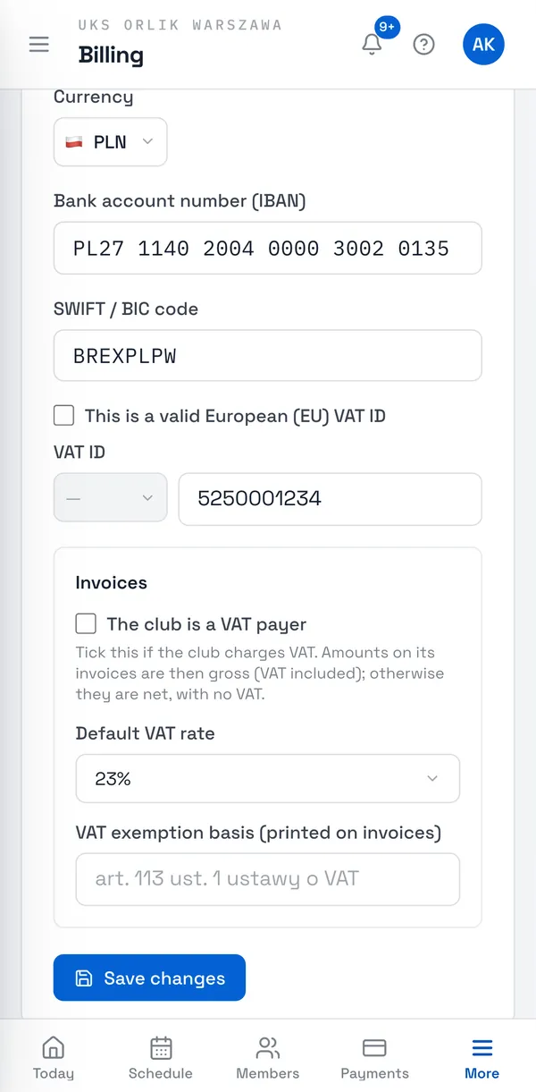 Sport Match screenshot: Enter the club’s VAT ID. If it is an EU VAT number, tick This is a valid European (EU) VAT ID and pick the Country prefix — the app checks it in the EU’s VIES system and shows VAT ID validated with VIES or VIES could not validate this VAT ID.