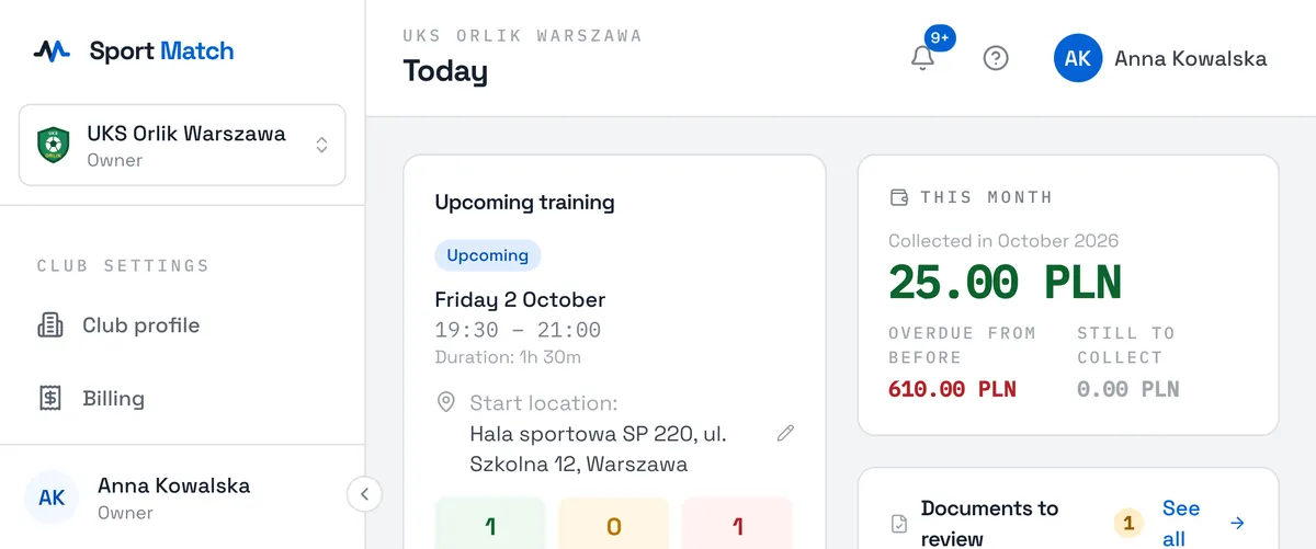 Sport Match screenshot: On a computer the club settings are at the bottom of the sidebar, under “Club settings”. On a phone, open “More” in the bottom bar.