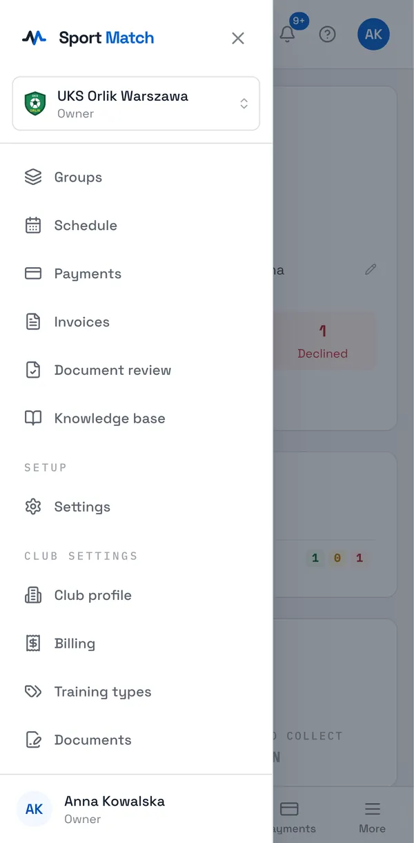 Sport Match screenshot: On a computer the club settings are at the bottom of the sidebar, under “Club settings”. On a phone, open “More” in the bottom bar.