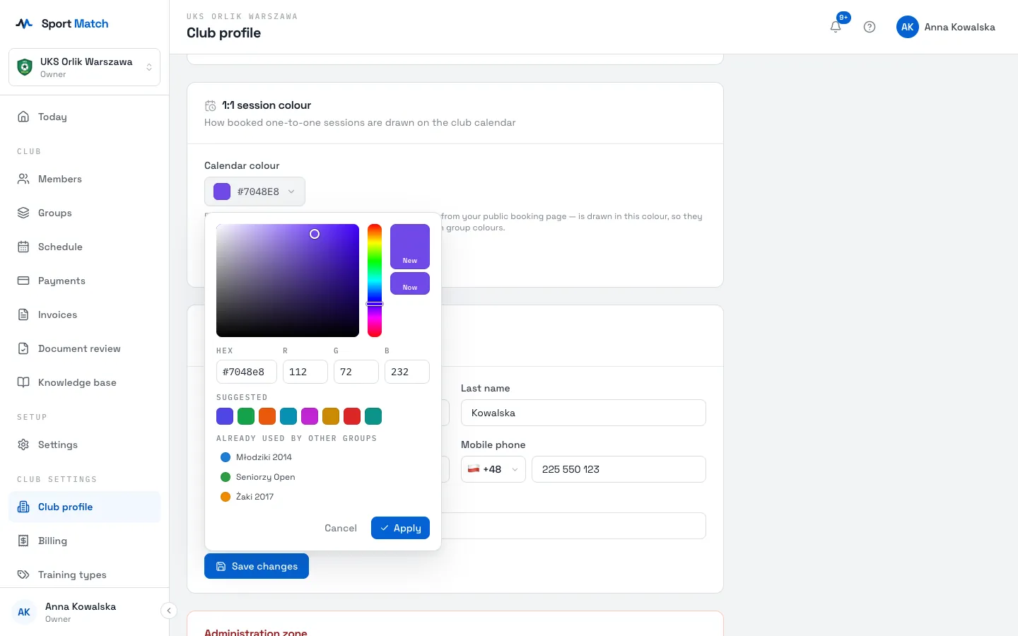 Sport Match screenshot: In the 1:1 session colour card, click Calendar colour, pick a colour (from the palette, the suggestions or by typing a hex code), choose Apply, then Save changes.
