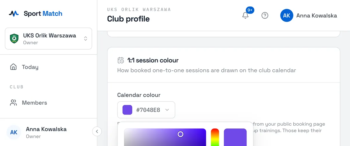Sport Match screenshot: In the 1:1 session colour card, click Calendar colour, pick a colour (from the palette, the suggestions or by typing a hex code), choose Apply, then Save changes.