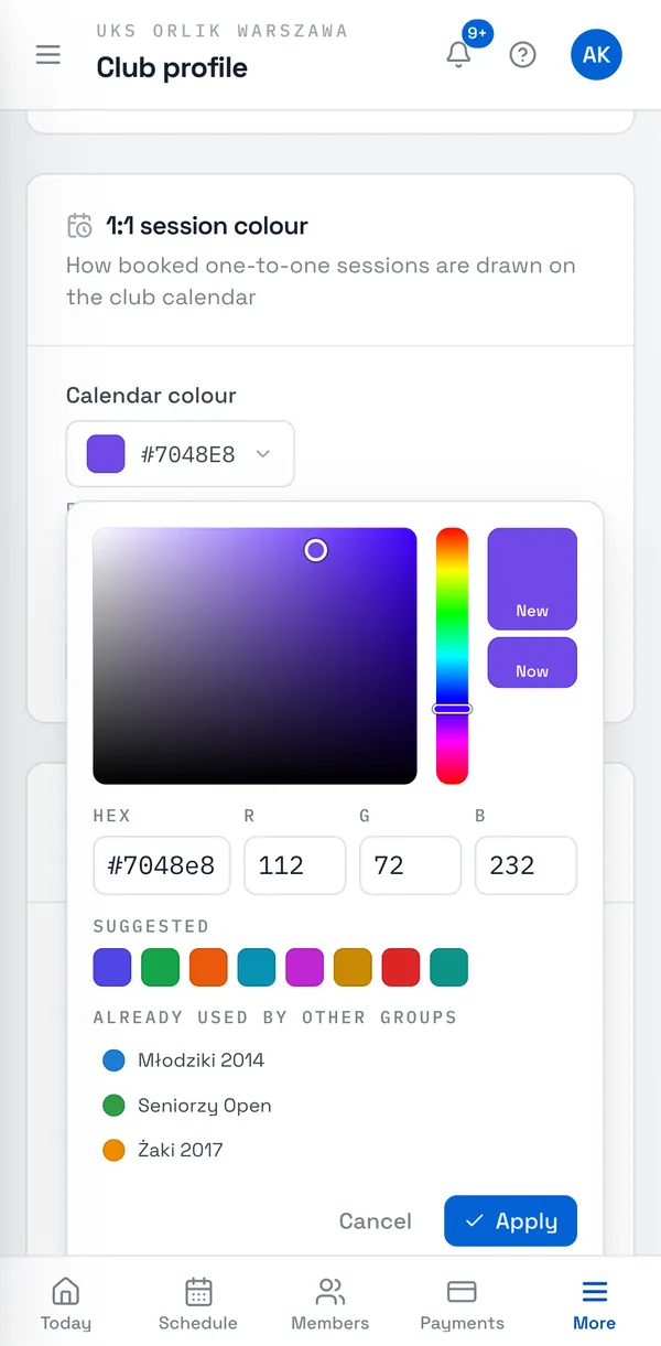 Sport Match screenshot: In the 1:1 session colour card, click Calendar colour, pick a colour (from the palette, the suggestions or by typing a hex code), choose Apply, then Save changes.