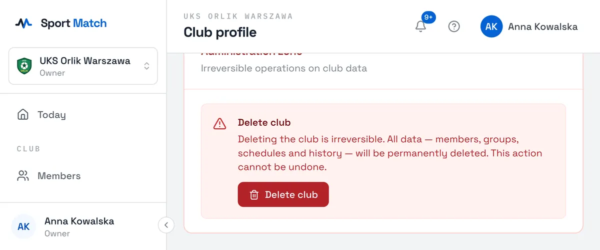 Sport Match screenshot: The administration zone at the bottom of the page.