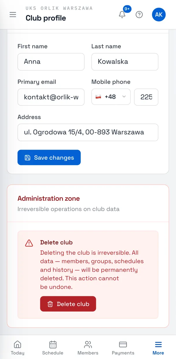 Sport Match screenshot: The administration zone at the bottom of the page.