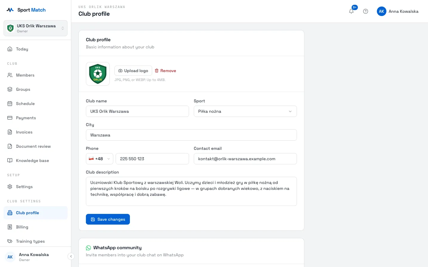 Sport Match screenshot: Choose Upload logo and pick a JPG, PNG or WEBP file (up to 4 MB). The logo appears in the club switcher, on invitation QR codes and on every PDF the app generates for your club (document templates, invoice preview). Remove takes it off.