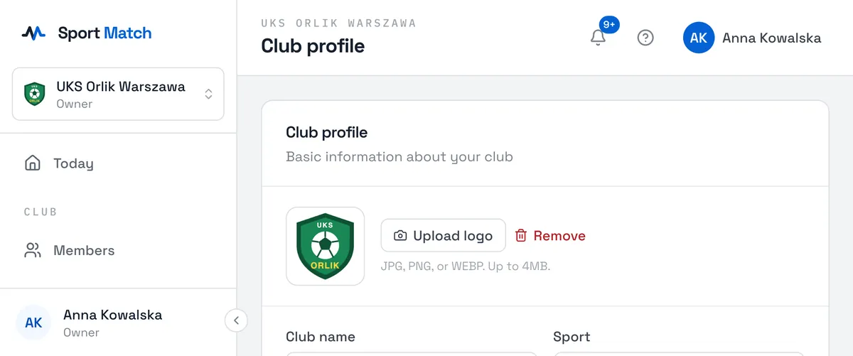 Sport Match screenshot: Choose Upload logo and pick a JPG, PNG or WEBP file (up to 4 MB). The logo appears in the club switcher, on invitation QR codes and on every PDF the app generates for your club (document templates, invoice preview). Remove takes it off.