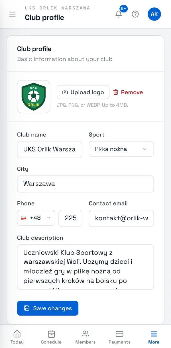Sport Match screenshot: Choose Upload logo and pick a JPG, PNG or WEBP file (up to 4 MB). The logo appears in the club switcher, on invitation QR codes and on every PDF the app generates for your club (document templates, invoice preview). Remove takes it off.