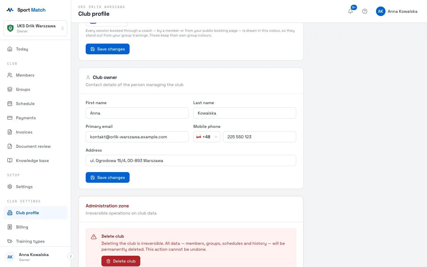 Sport Match screenshot: The contact details of the person running the club.