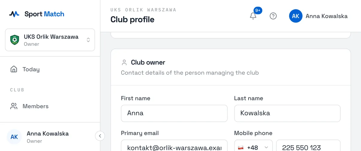 Sport Match screenshot: The contact details of the person running the club.