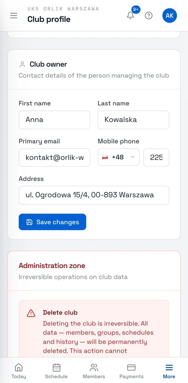 Sport Match screenshot: The contact details of the person running the club.