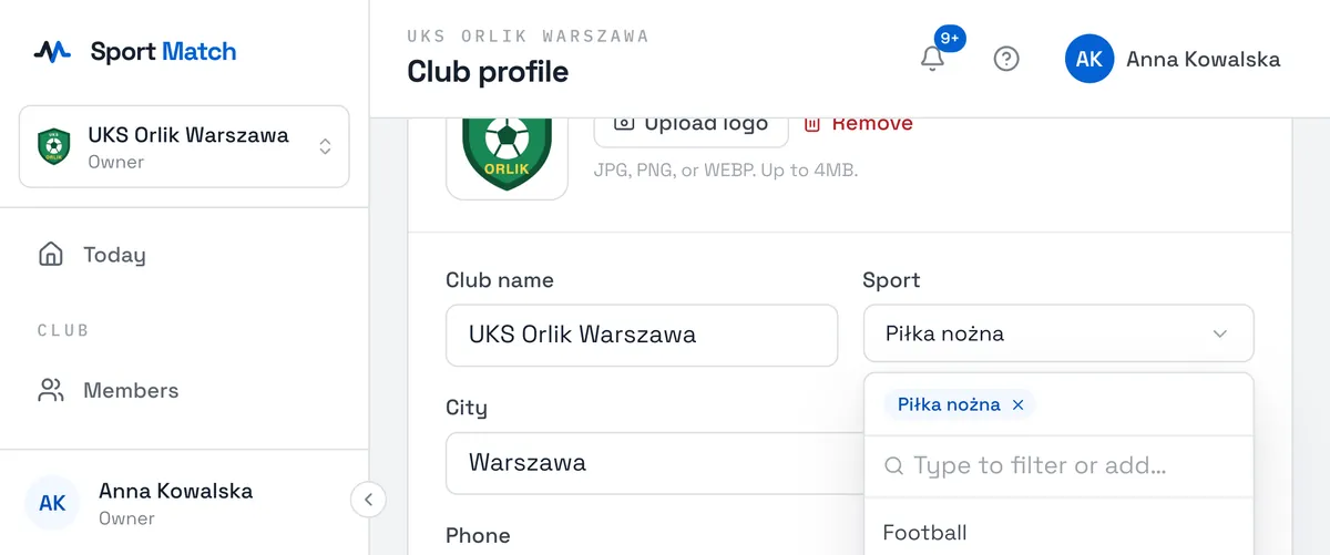 Sport Match screenshot: Under Sport, pick one or more sports from the list, or type your own and add it.
