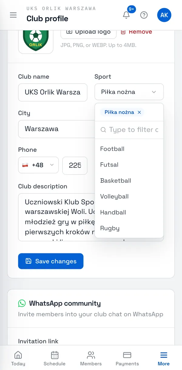 Sport Match screenshot: Under Sport, pick one or more sports from the list, or type your own and add it.
