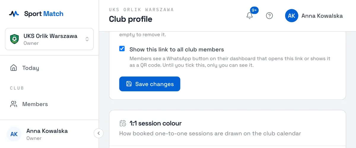 Sport Match screenshot: Paste it into Invitation link, tick Show this link to all club members and choose Save changes. Until you tick it, only you can see the link.