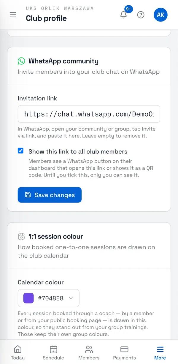 Sport Match screenshot: Paste it into Invitation link, tick Show this link to all club members and choose Save changes. Until you tick it, only you can see the link.