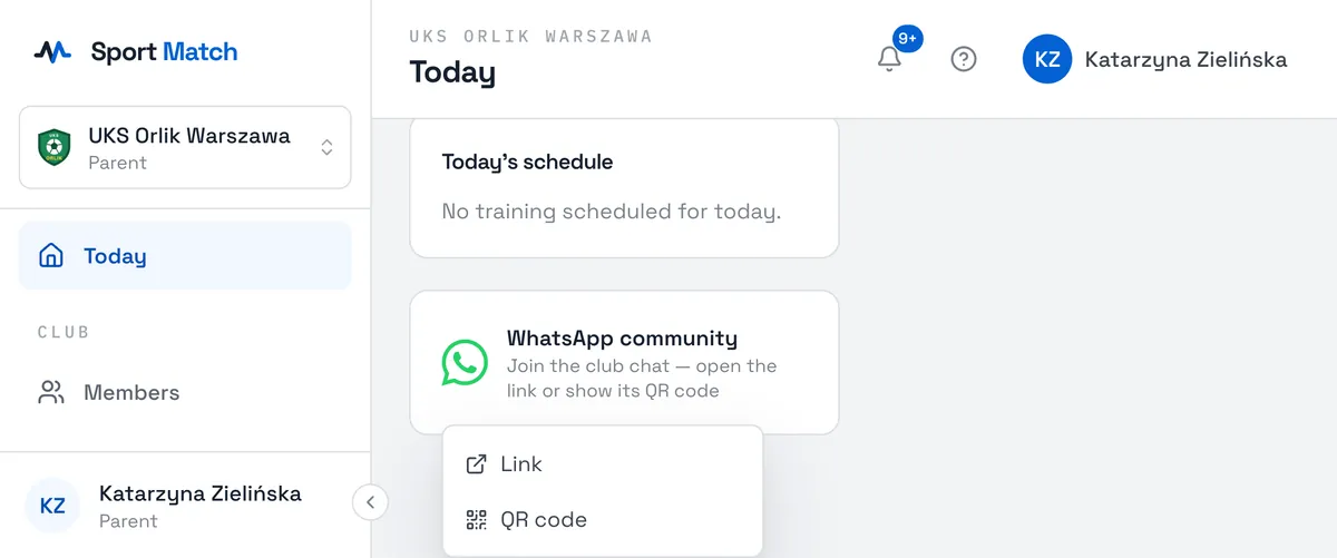 Sport Match screenshot: Members see a card with the WhatsApp icon on their Today screen. Tapping it offers Link (opens WhatsApp) or QR code (to scan with another phone).