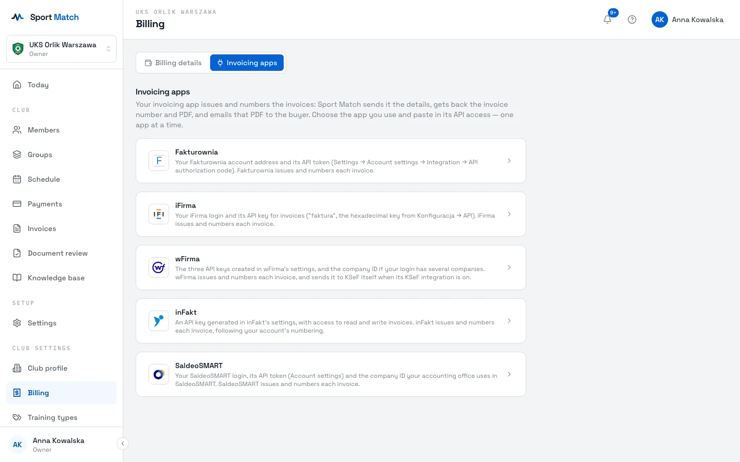 Sport Match screenshot: Under Club settings in the menu, open Billing and the Invoicing apps tab. You can choose Fakturownia, iFirma, wFirma, inFakt or SaldeoSMART.