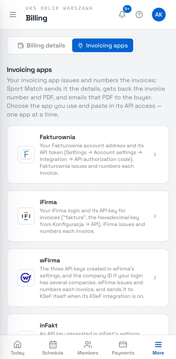 Sport Match screenshot: Under Club settings in the menu, open Billing and the Invoicing apps tab. You can choose Fakturownia, iFirma, wFirma, inFakt or SaldeoSMART.