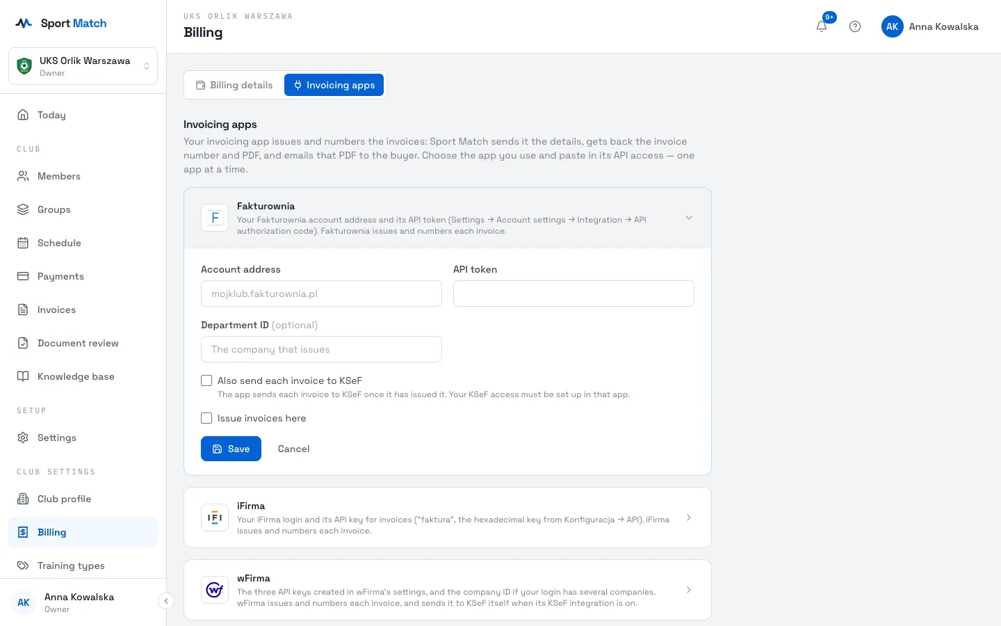 Sport Match screenshot: If you want, tick Also send each invoice to KSeF — the app sends each invoice to KSeF once it has issued it (your KSeF access must be set up in that app). Tick Issue invoices here and click Save.