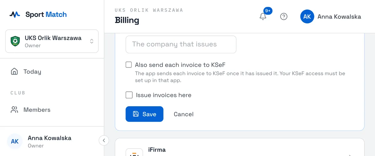 Sport Match screenshot: If you want, tick Also send each invoice to KSeF — the app sends each invoice to KSeF once it has issued it (your KSeF access must be set up in that app). Tick Issue invoices here and click Save.