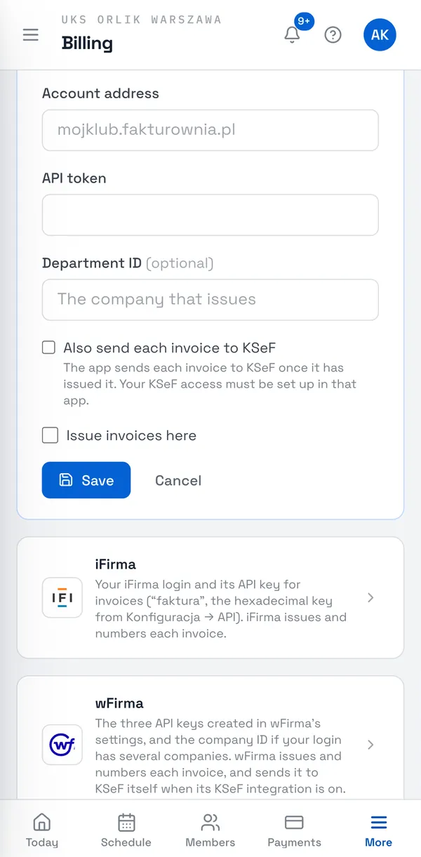 Sport Match screenshot: If you want, tick Also send each invoice to KSeF — the app sends each invoice to KSeF once it has issued it (your KSeF access must be set up in that app). Tick Issue invoices here and click Save.