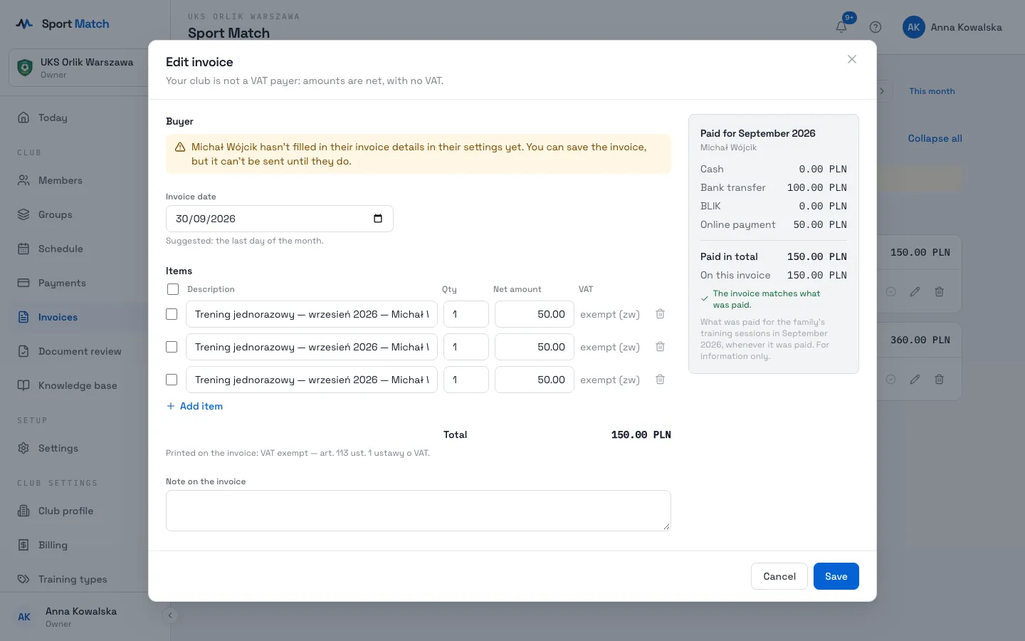 Sport Match screenshot: Click the pencil to check or correct a draft: the invoice date (the last day of the month is suggested) and the items. Beside them are the family’s payments for the month, so you can compare the amounts. Items with the same name can be merged.