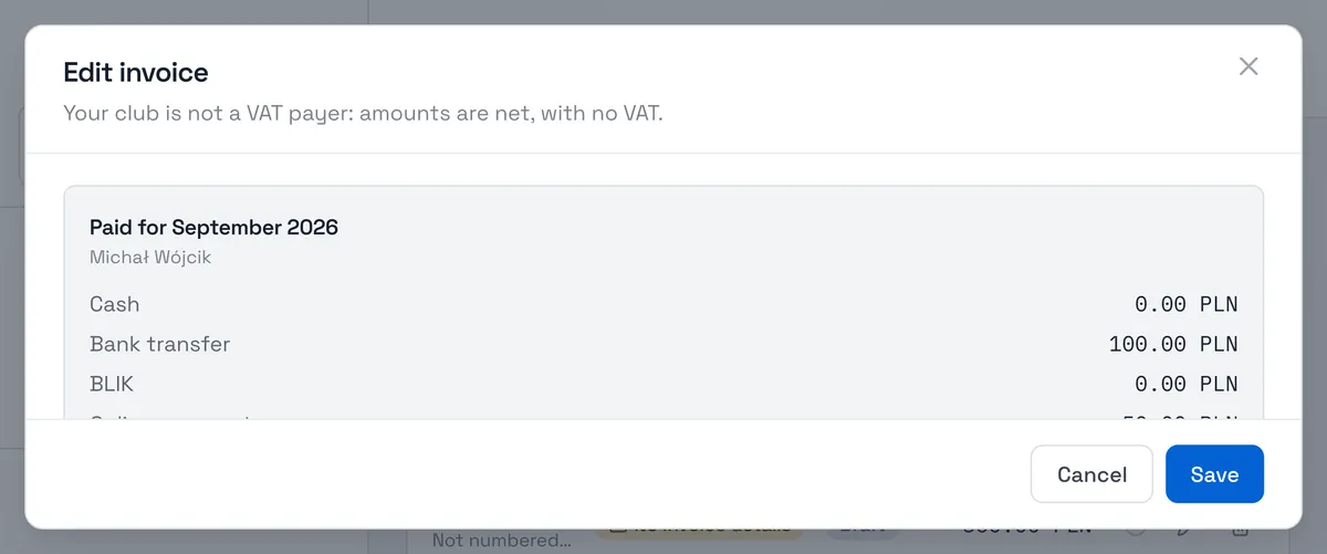 Sport Match screenshot: Click the pencil to check or correct a draft: the invoice date (the last day of the month is suggested) and the items. Beside them are the family’s payments for the month, so you can compare the amounts. Items with the same name can be merged.