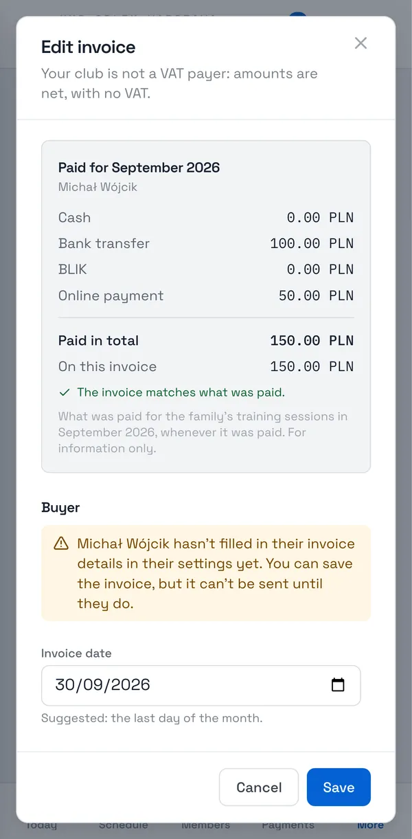 Sport Match screenshot: Click the pencil to check or correct a draft: the invoice date (the last day of the month is suggested) and the items. Beside them are the family’s payments for the month, so you can compare the amounts. Items with the same name can be merged.
