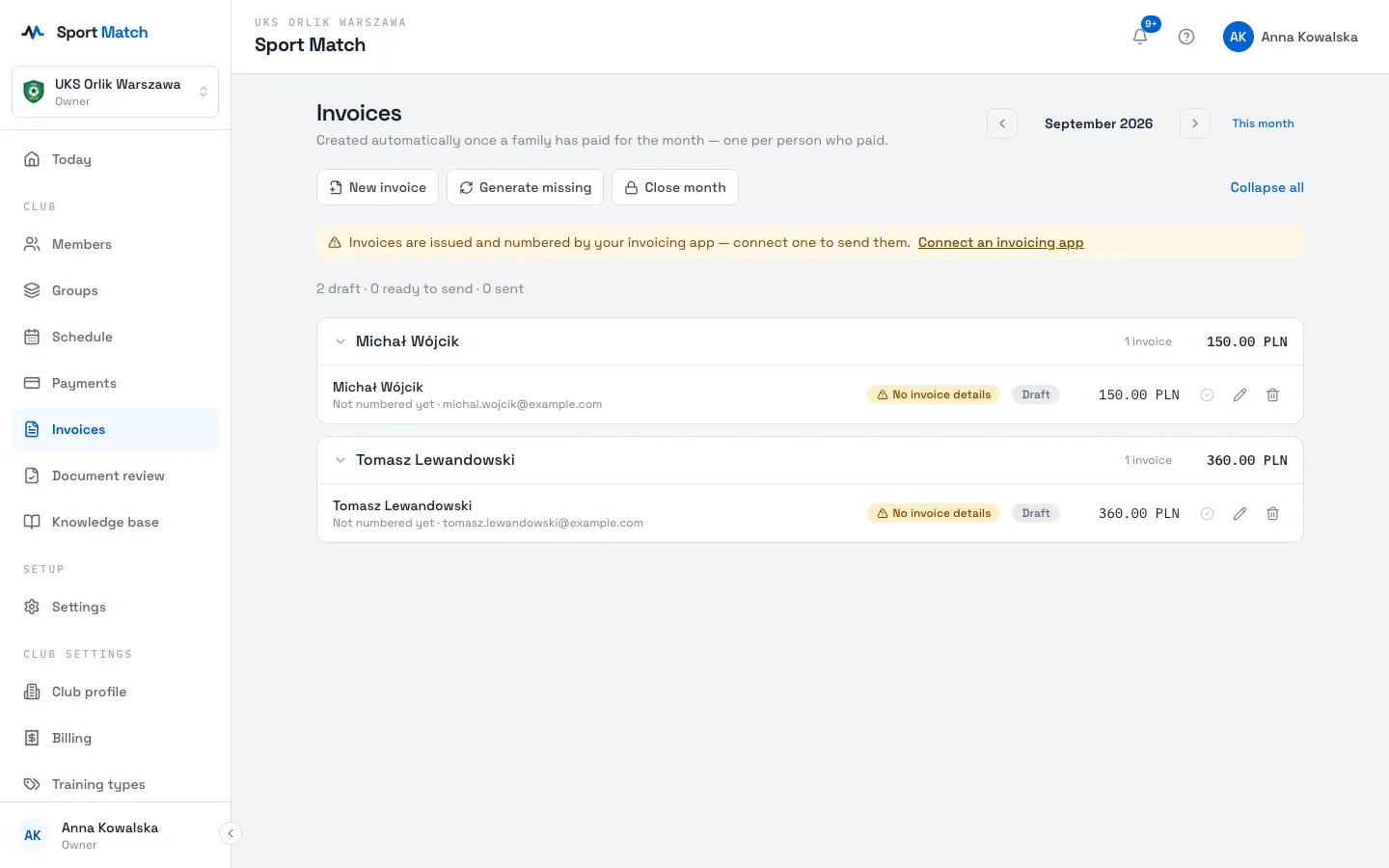 Sport Match screenshot: Open Invoices and pick the month with the arrows. A draft appears by itself once a family has paid everything due for the month — one for each person who paid.