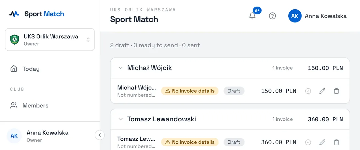 Sport Match screenshot: Open Invoices and pick the month with the arrows. A draft appears by itself once a family has paid everything due for the month — one for each person who paid.